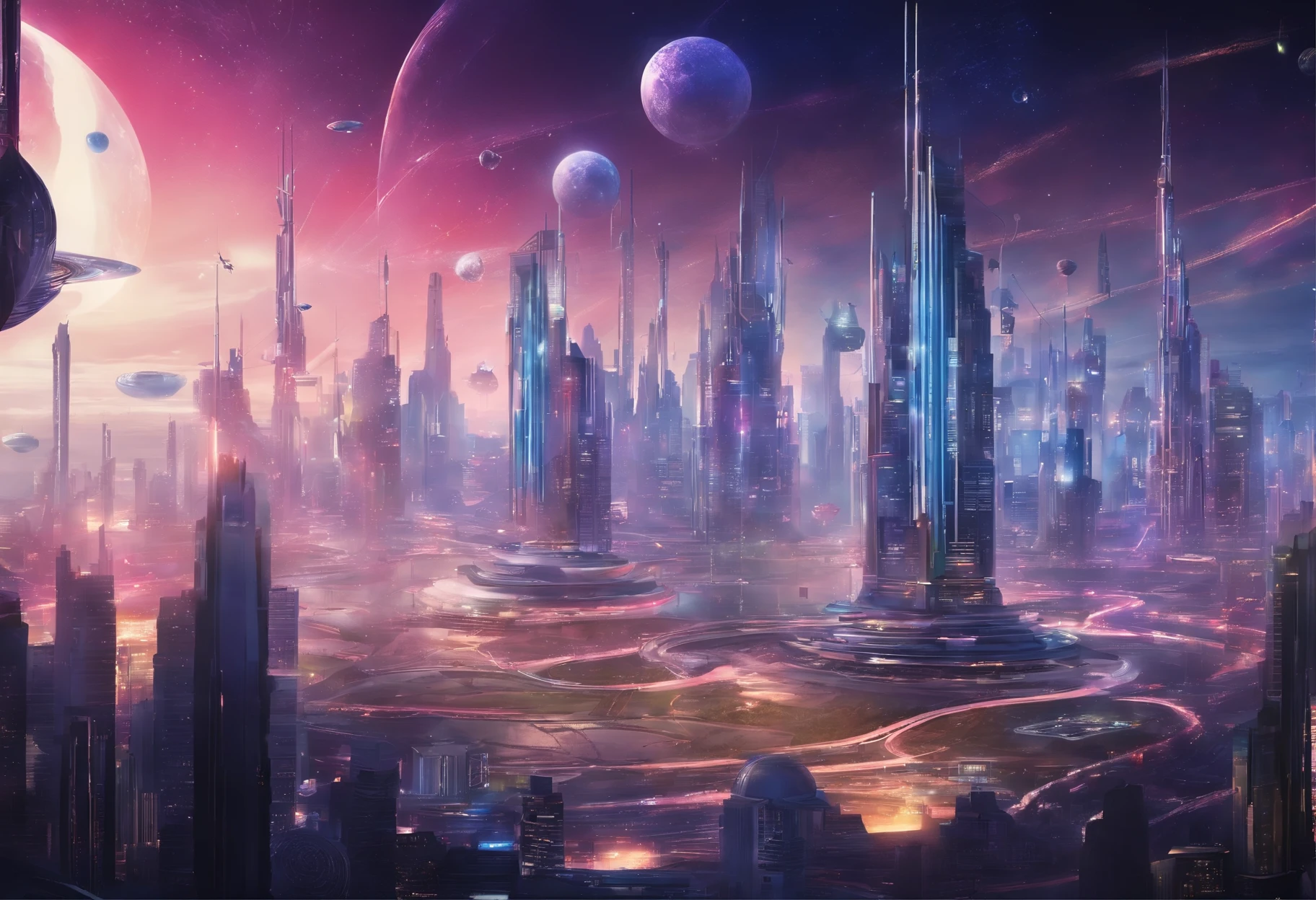 cyberpunked、Futuristic skyline with skyscrapers,超A high resolution,planet earth,SFart by,Glass skyscrapers,Space City,epcot,A world far beyond the imagination of mankind,A building that far exceeds human imagination,Constructs,dream,masterpiece,