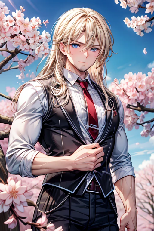 A muscular blonde haired man with blue eyes and long hair and a dark beard is blushing underneath a cherry blossom