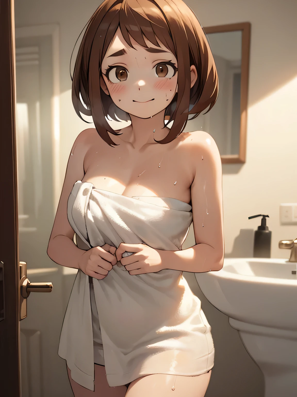 beautiful, (masterpiece), best quality, (extremely detailed face), extremely detailed eyes, perfect lighting, OverallDetail, detailed, deep skin,textured bathroom setting , ochako uraraka,brown hair,brown eyes, short hair, full-face blush, embarrassed, nervous smile, sweat,indoors, , , solo focus, wearing a towel, steamy, cowboy shot, sfw, bare shoulders, fresh out of the shower