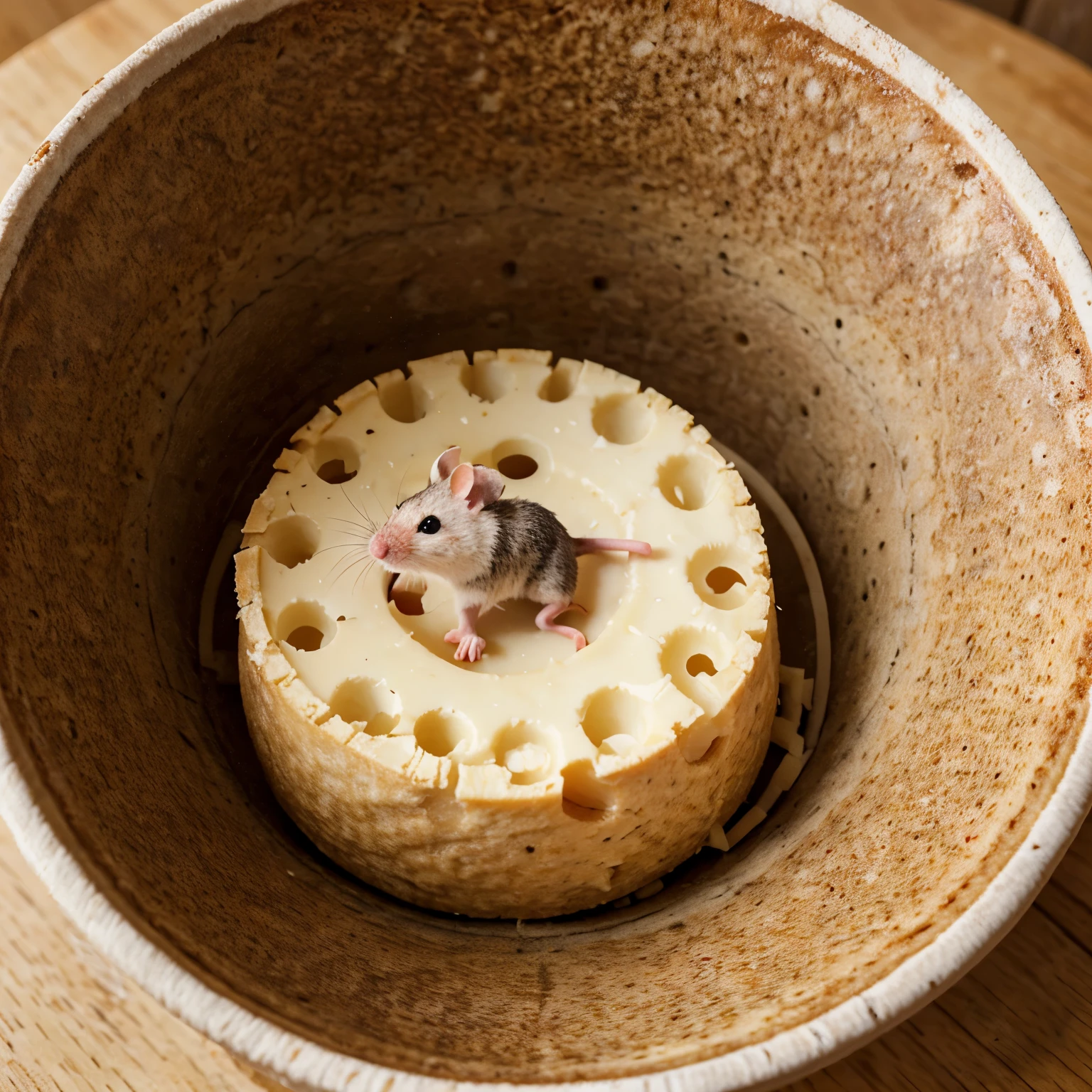 A small mouse inside a large round cheese with holes, High degree of detail