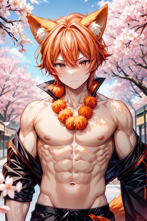 (absurdres, highres, ultra detailed, HDR) master piece, best quality, delicated features, Suoh Mikoto, red hair, hair is kept short, ruffled, slicked back and spiked, with two strands of hair near the opposite sides of his head falling over his face, expressive amber eyes, K Project, solo, sexy man, handsome, toned chest, black leather jacket with a black fur collar, a white V-neck shirt underneath, blue jeans, silver star-shaped necklace, water, blossoms, pink butterflies, pink flowers