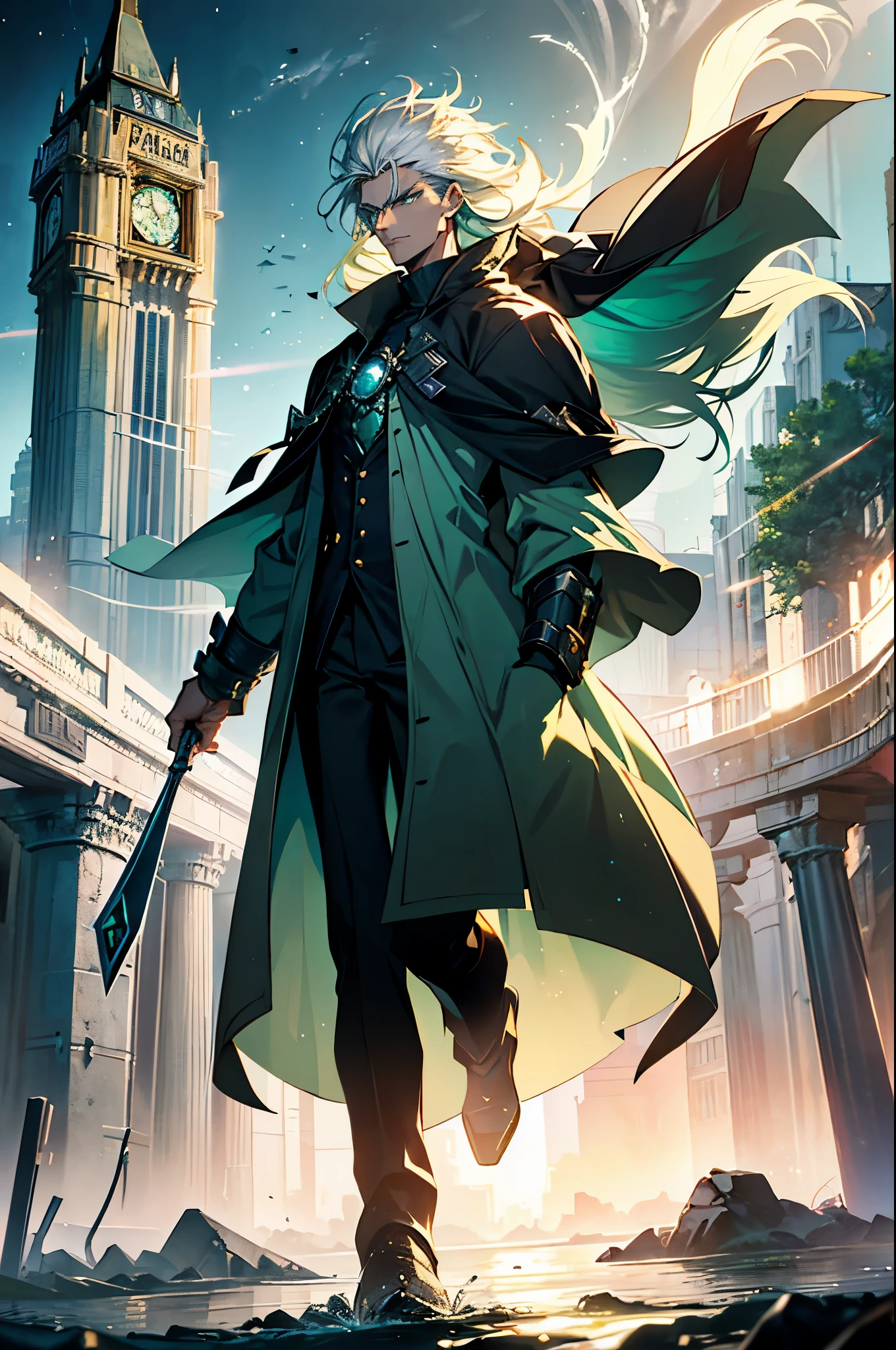 With white hair,A serious expression,side face,floating hair,light particles,glare,vivid,fancy,dreamlike,a dim atomshpere, ((Time Lord)) ((Time Warrior)) ((Dark Fantasy)) ((Green-Eyes)) ((Mature)) ((man))