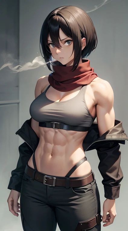 Girls, Bangs, Bare Shoulders, Black Pants, Breasts, Breasts squeezed together, Grey background, Hair between the eyes, Huge breasts, Long hair, View Viewer, Pants, Parted lips, Red eyes, Shirt, Simple background, Sleeveless, Sleeveless shirt, Solo, Turtleneck, V arm, White hair,(Shiny skin),(Masterpiece:1.4),(Best quality:1.4),,Facigirl,Red lips,Perfect abs, belly button, (nipple: 1.5), (sheer areola), nipple, huge, sweat,