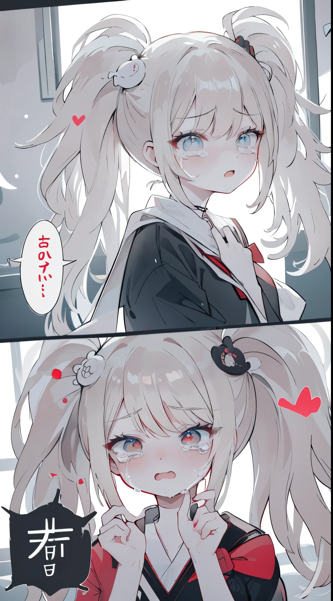 monochrome color, red art, gray scale、masterpiece、top-quality、Top image quality、straight haired、Cats、Hanging eyes、kawaii、crying how bright、suprised、校服、the wind