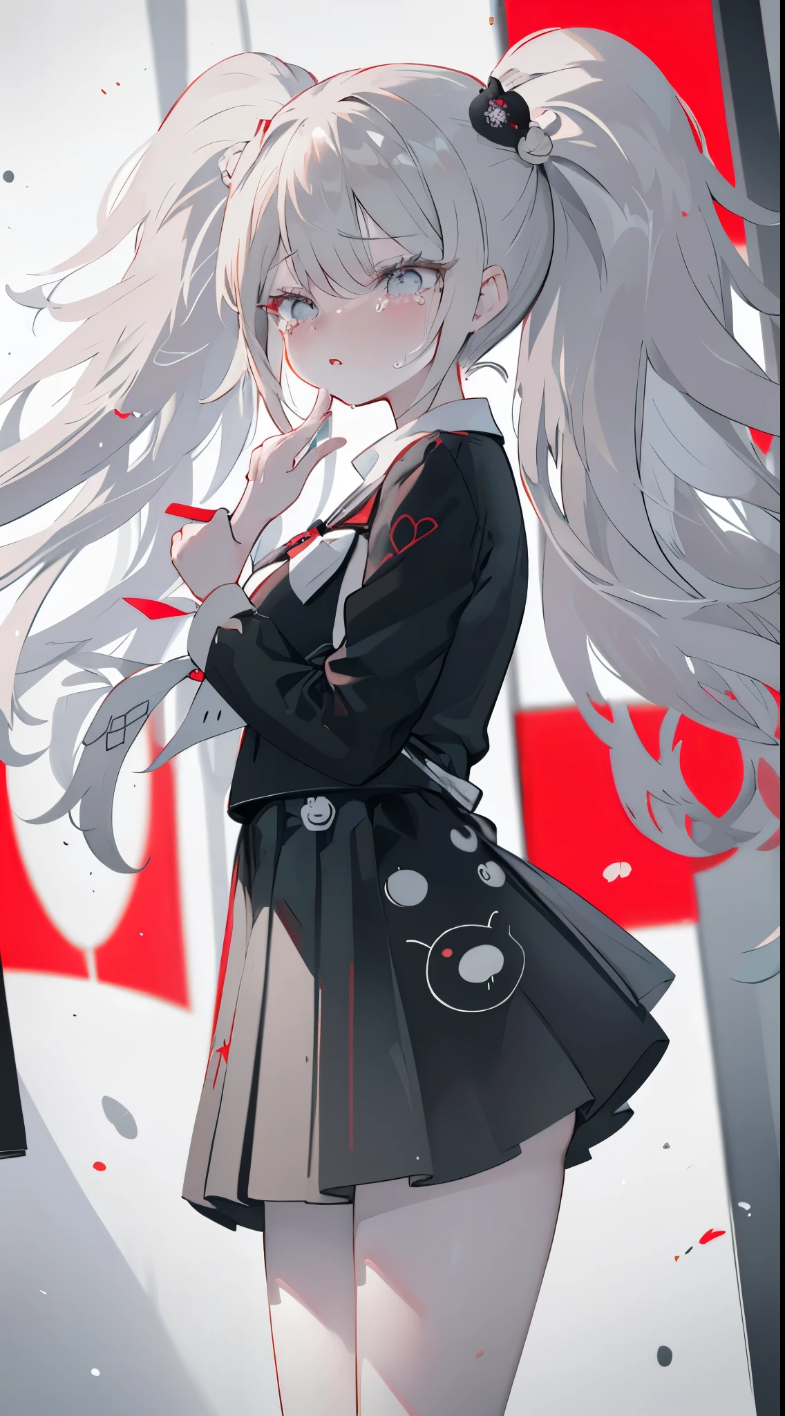 monochrome color, red art, gray scale、​masterpiece、top-quality、Top image quality、straight haired、Cats、Hanging eyes、kawaii、crying how bright、suprised、校服、the wind