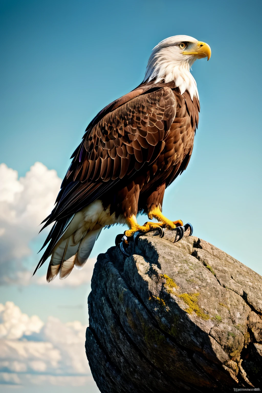 (RAW style, masterpiece, best quality, ultra-detailed), an eagle perched on a rock, intensely watching its prey, 4k resolution, crisp and clear image, cinematic light, top lighting, ultra high definition, textured feathers, intricately detailed beak and talons, hyperrealistic, insanely detailed, lifelike rendering, naturalistic colors, rich and vibrant hues, soaring realism, profoundly realistic, atmospheric depth, high contrast, sharp focus, cinematic perspective, captivating detail, majestic presence, the epitome of photographic artistry.