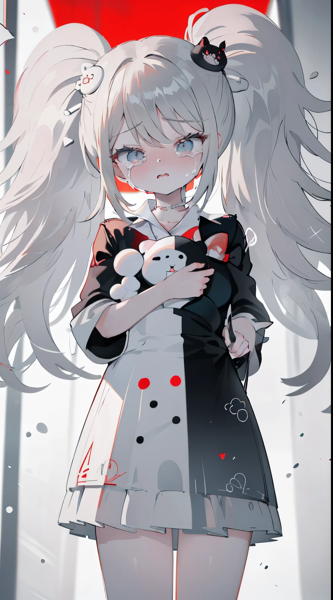 monochrome color, red art, gray scale、masterpiece、top-quality、Top image quality、straight haired、Cats、Hanging eyes、kawaii、crying how bright、suprised、校服、the wind