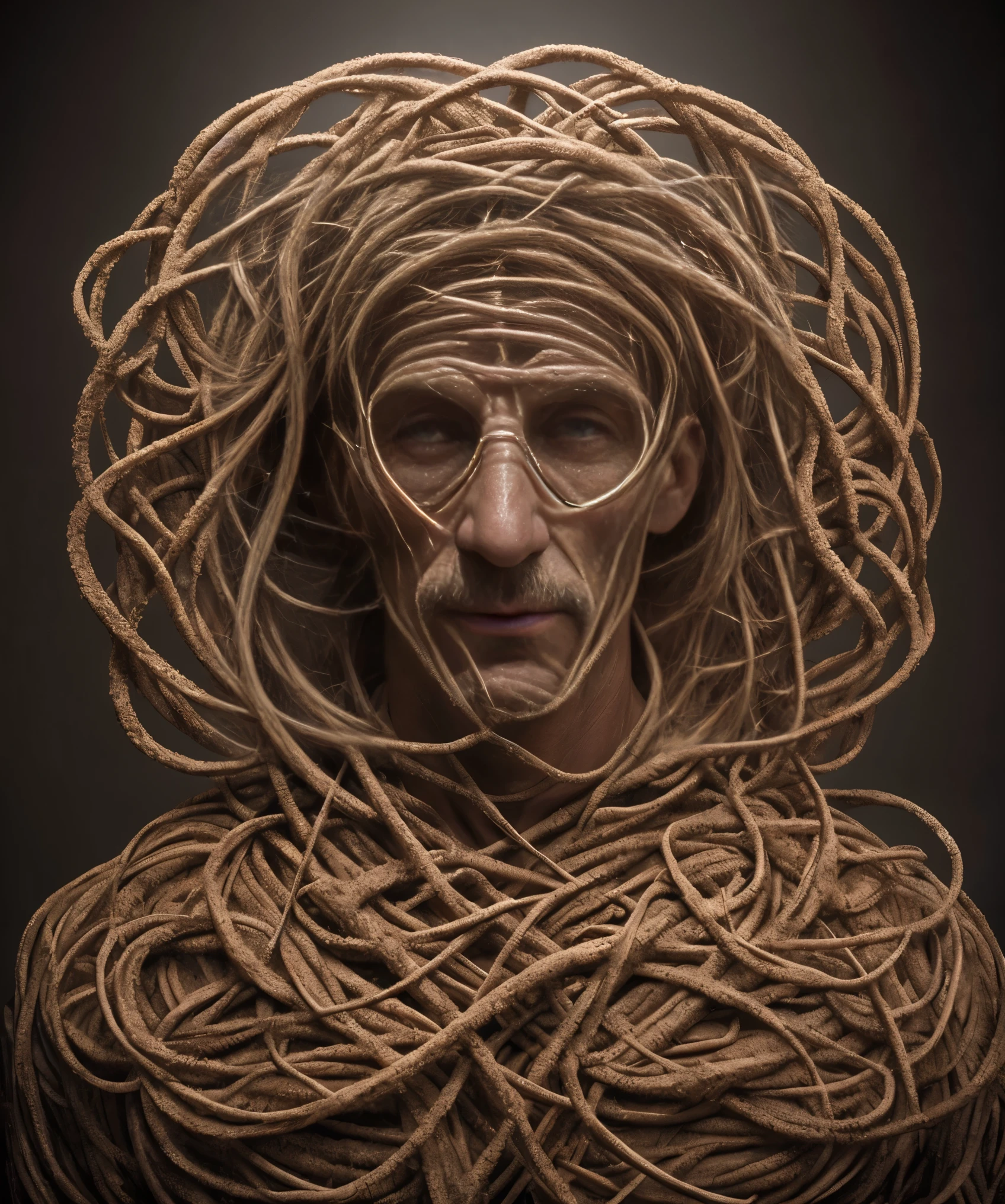  photorealistic photograph of a man made from worms. The man is created using live worms, intertwined together to form the shape and contours of a human figure. Each worm is clearly visible, showcasing intricate textures and details. The facial features, limbs, and clothing of the man are all composed of worms, creating an eerie and unsettling effect. The background is dark, emphasizing the image of the worm man. This high-quality photo captures the fascination and curiosity of using unconventional materials to create thought-provoking visual art.