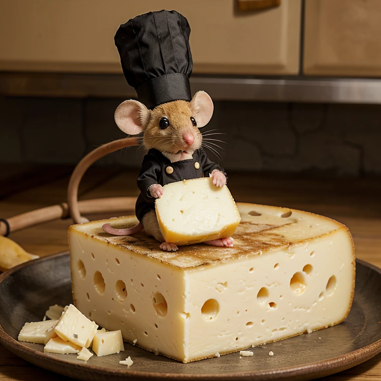 mouse on top of cheese wearing a chef's hat