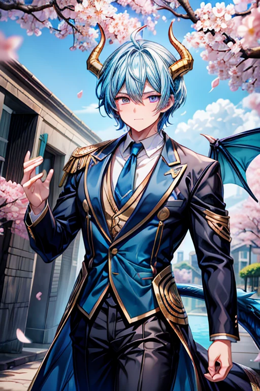 A muscular blue  haired dragonman with golden eyes and golden dragon horns and a blue dragon tail is blushing underneath a cherry blossom in a suit