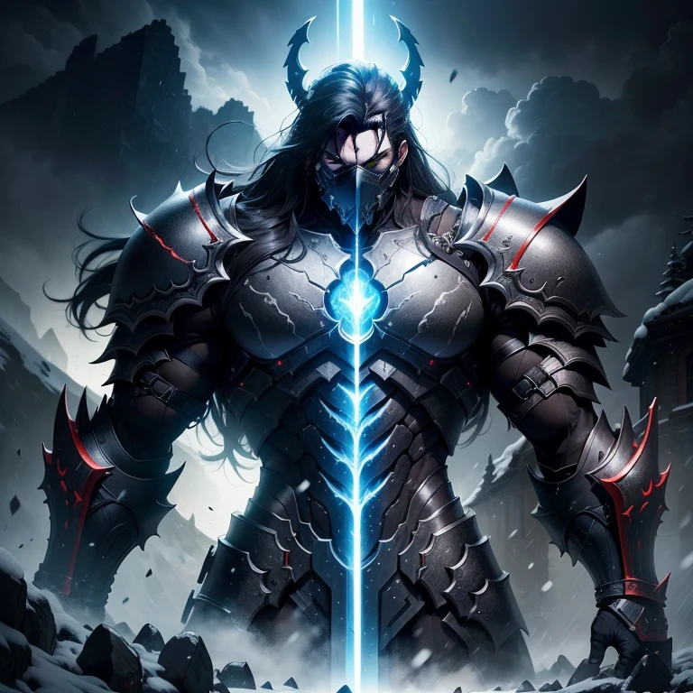 Hyper realistic image of a lean built armored ultimate hero warrior looking the ominous and incredible detailed carved by thunder epic and magestic two doors gate merging red and blue light up into the sky located at the top of a dark snow mountain behind and over a pitch black dark fog, epic black lightning Sword in the rain, 8k high quality detailed art, badass anime epic over realistic 8K, Gothic Nights, Dark Souls Art Style, 8K hyper realistic fantasy anime art, over realistic epic fantasy anime digital art style