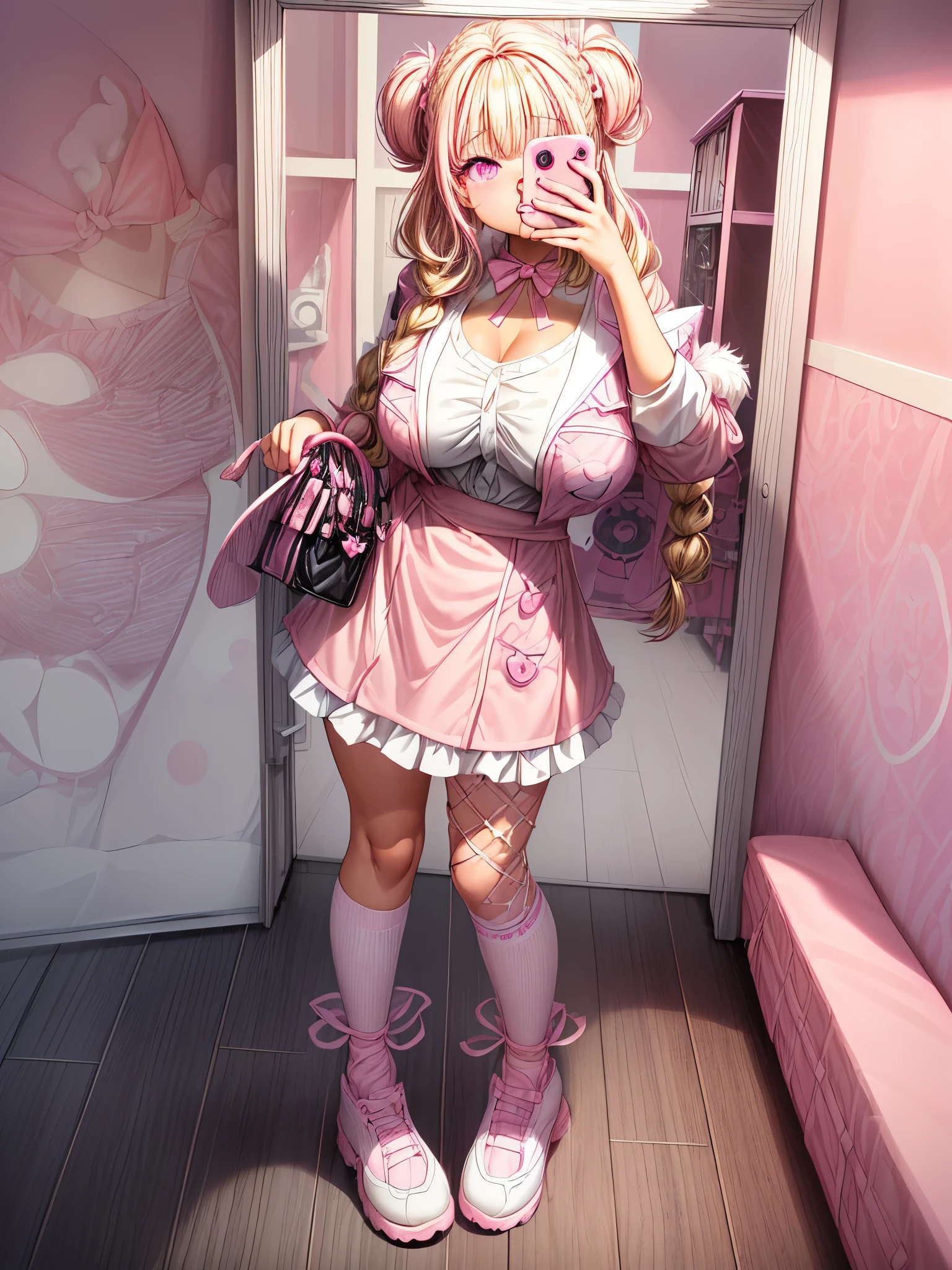 there is a woman taking a picture of herself in a mirror, female mini cute style, full body!!, , pink girl, pink and black, y2k style, y 2 k style, kawaii style, black white pink, outfit photo, wearing skirt and high socks, 1girl, solo, (gyaru, blonde hair, long hair, fluffy hair, wavy hair, hair clips, pink ribbons in hair, pink bows, braids, downdo ), (tan skin, very tan skin), kawaii clothes, fluffy clothes, chest window, frilly skirt, pastel pink and white clothes, baby blue accents, himekaji fashion,(((pink eyes))), sparkling eyes, shining eyes, big eyes), (lipgloss, mascara, ,full body, fang, huge_breasts:1, absurdly large tits, braids,more_details:-1, more_details:0, more_details:0.5, more_details:1, more_details:1.5, more prism, vibrant color, (pink bedroom, kawaii bedroom, pink walls, pink bed, stuffed animals, scenery), taking a selfie