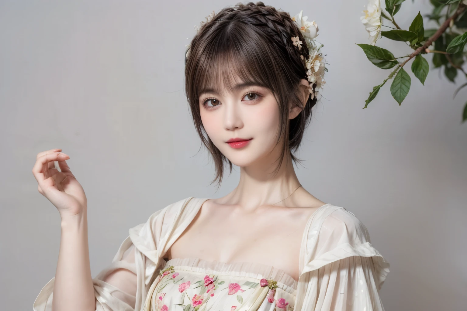 148
(20 year old woman,Floral costume), (surreal), (High resolution), ((beautiful hairstyle 46)), ((short hair:1.46)), (gentle smile), (breasted:1.1), (lipstick)