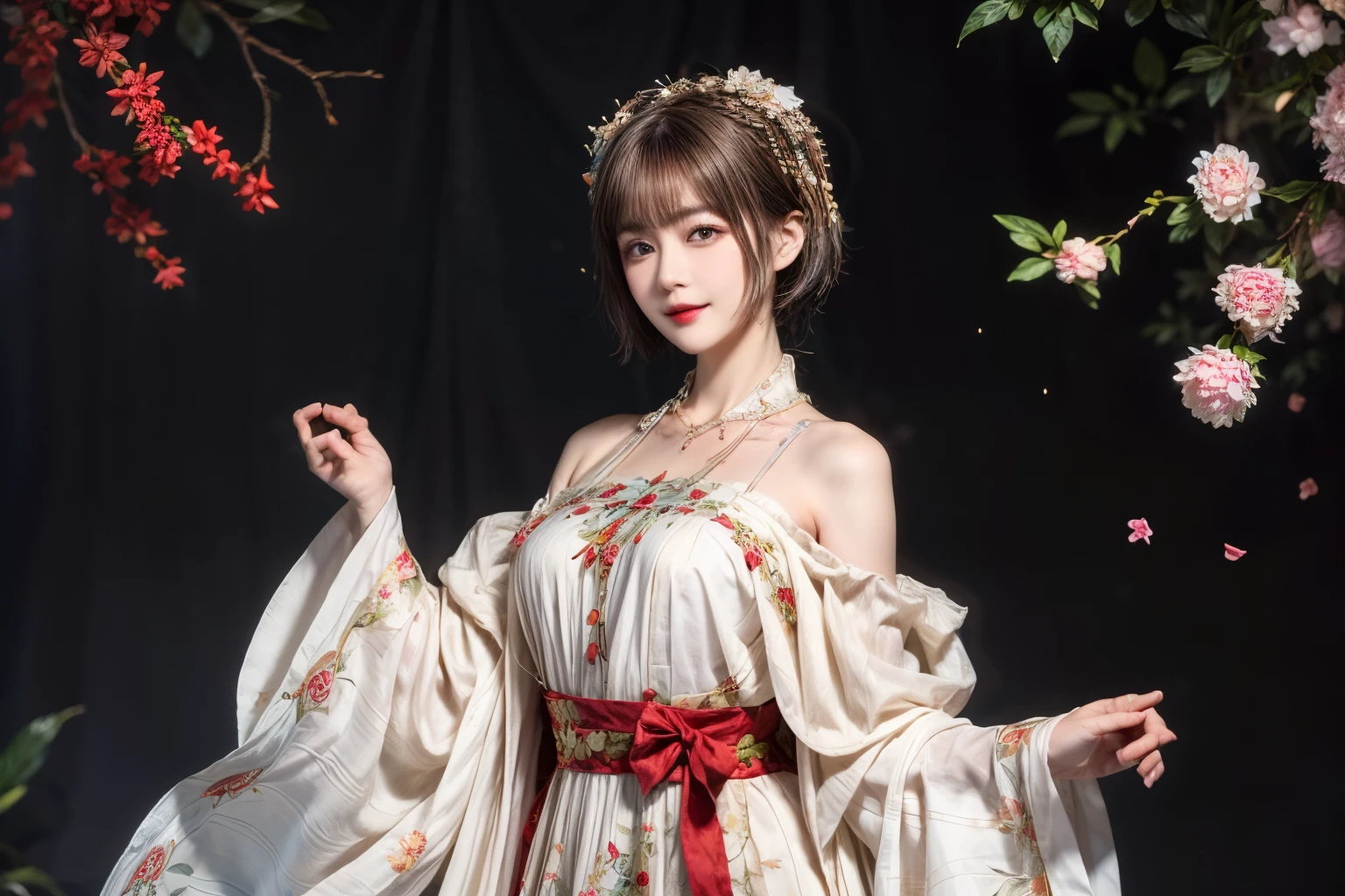 148
(20 year old woman,Floral costume), (surreal), (High resolution), ((beautiful hairstyle 46)), ((short hair:1.46)), (gentle smile), (breasted:1.1), (lipstick)
