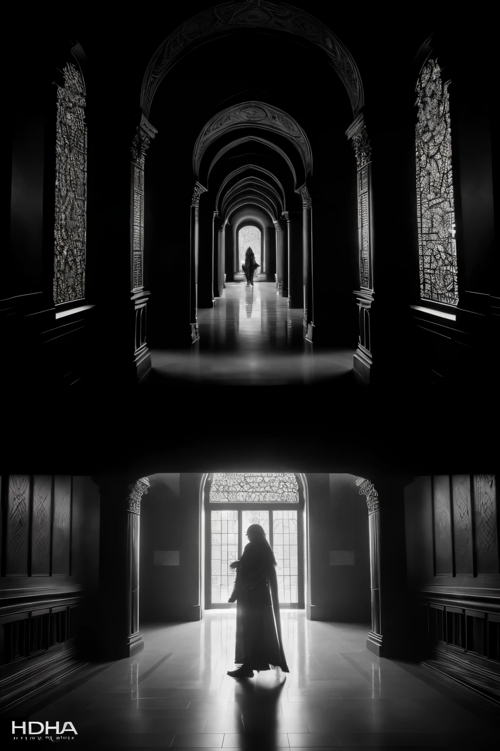 Photo RAW sequence, a picture in the divine halls' corridors, a shadow rising, a prophecy to be fulfilled. Loki, the cunning one, saw his fate intertwined with the birth of three mighty beings. (Detailed shot of Loki's face with a hint of mischief and worry, backgrounds of divine realms with intricate details but not overly blurred, natural soft lighting, HDR, realistic and professional image, engaging the viewer, exotic and mystical feel, cinematic and high quality, 8k UHD, monochrome filter for dramatic effect, Sony A7R IV)