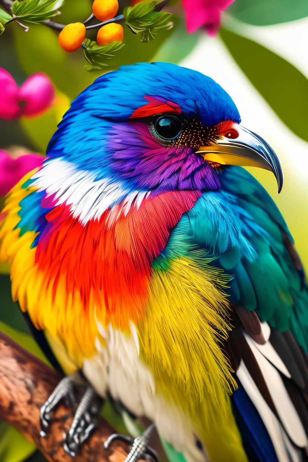 A vibrant multicolored bird perched on a branch, spreading positive affirmations, in a realistic 8k image, with each feather intricately detailed and bursting with natural colors. The bird's cheerful eyes sparkle with optimism as it looks directly at the viewer, its beak open to deliver encouraging messages. The surrounding environment is filled with lush greenery and sunlit rays, enhancing the sense of positivity and motivation in this stunning, professionally color-graded photograph.
