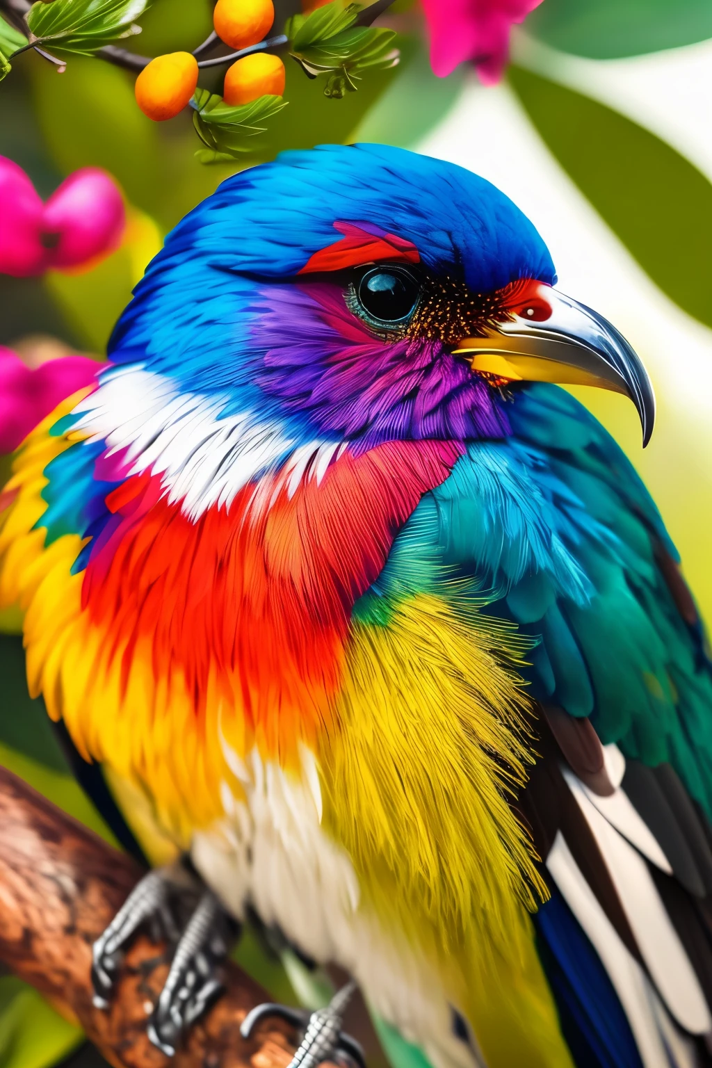 A vibrant multicolored bird perched on a branch, spreading positive affirmations, in a realistic 8k image, with each feather intricately detailed and bursting with natural colors. The bird's cheerful eyes sparkle with optimism as it looks directly at the viewer, its beak open to deliver encouraging messages. The surrounding environment is filled with lush greenery and sunlit rays, enhancing the sense of positivity and motivation in this stunning, professionally color-graded photograph.
