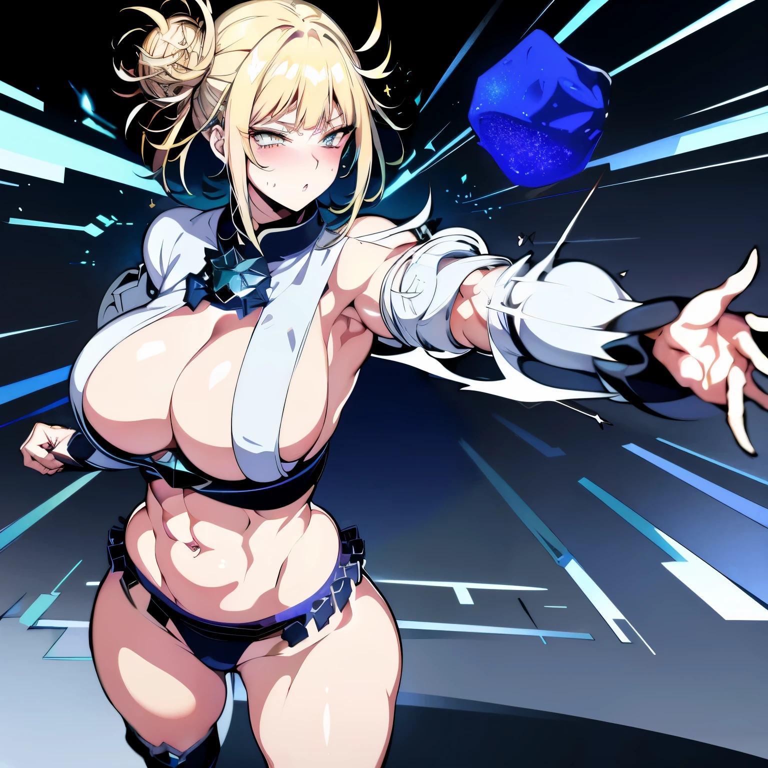 great quality, (1 women), very focused face, himiko toga, diamond face, perfect eyes, (standing), (wearing mage robe), mage robe, magic, (casting), blonde pony tail, strong shadows, full body, detailed face, (casting spell), blue flashes of light, blue sparks, in battle, detailed abs, shinying eyes, (masterpiece), direct light, underlight, strong jaw, (large boobs), massive ass, thick thighs, (long torso), wide waist, skinny torso, fit, perfect face, sexy, (blushing),