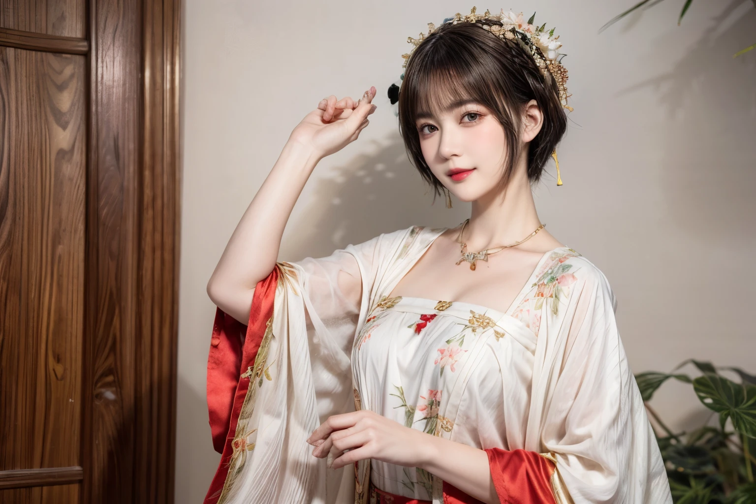 148
(20 year old woman,Floral costume), (surreal), (High resolution), ((beautiful hairstyle 46)), ((short hair:1.46)), (gentle smile), (breasted:1.1), (lipstick)
