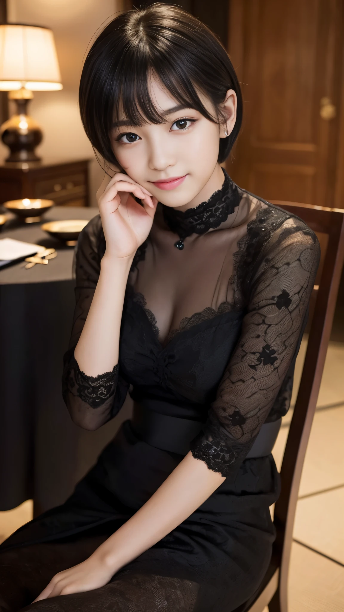 Best-quality, Masterpiece, Ultra-High-Resolution, (Photorealistic:1.4), Raw-Photo, 1girl, solo, -yeld, thost famous Japanese idol, portrait, face-focus, sitting on luxury-chair, innocent smile, completely-drunk, extremely cute face like the most popular Japanese idol, (((extremely beautiful big-black-solid-circle-eyes))), extremely beautiful black-short-cut-haired, extremely beautiful long-eyelashes, extremely beautiful lips, extremely beautiful skins, extremely beautiful body, extremely beautiful hands