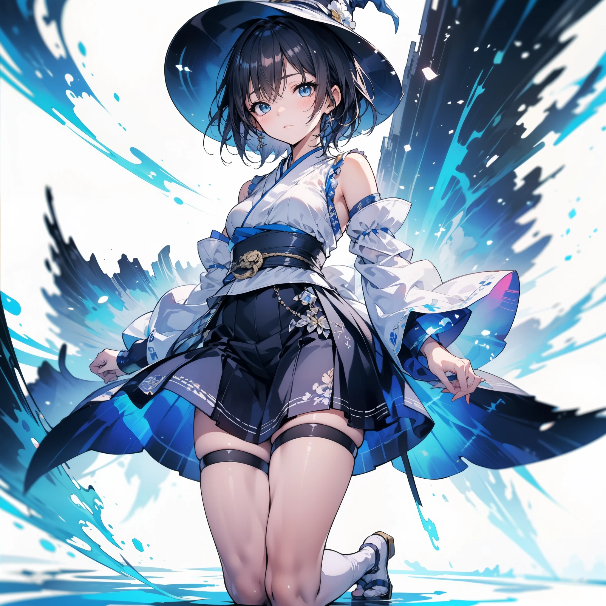white background, blue skirt,solo woman, alone, (kneel down), (kneel down on white glass surface), (dk, small), (white background), (witch hat), curly, looking at the viewer, with panoramic view, Vision, It begins with the night of the ark., Popular topics on Art Station pixiv, Arknight, pixiv digital art,Onmyoji detailed art, Japanese anime fantasy illustration, author:hero, anime art wallpaper 8k, Sky Witch, pixiv style, anime art wallpaper 4k, anime art wallpaper 4k, (pretty background), Ink painting style,pretty colors,Decisive cut,広いblank領域, blank, space,master piece, super sophisticated,epic work,expensive、expensive品質,best quality,4K