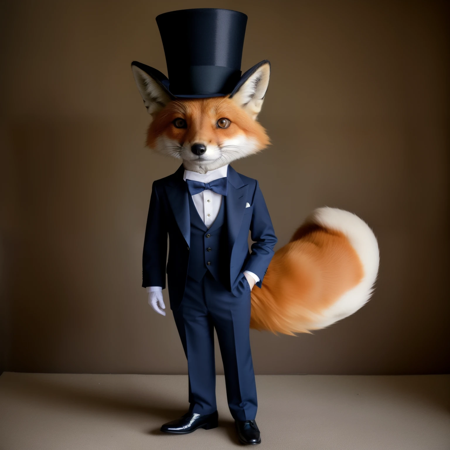 anthropomorphic fox, full body wearing a navy suit and wearing top hat