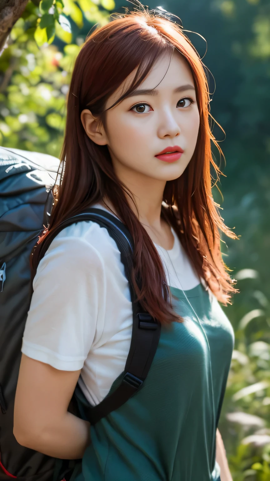 masterpiece, light makeup, red lips, red hair, messy long hair, pure background, beautiful, elegant. Ultra-fine details, masterpieces, realistic textures, realistic cinematic lighting, perfect work, 8k, HD, delicate facial features, Hiking gear, Trekking shoes, Backpack, Summit pose, Content expression,
