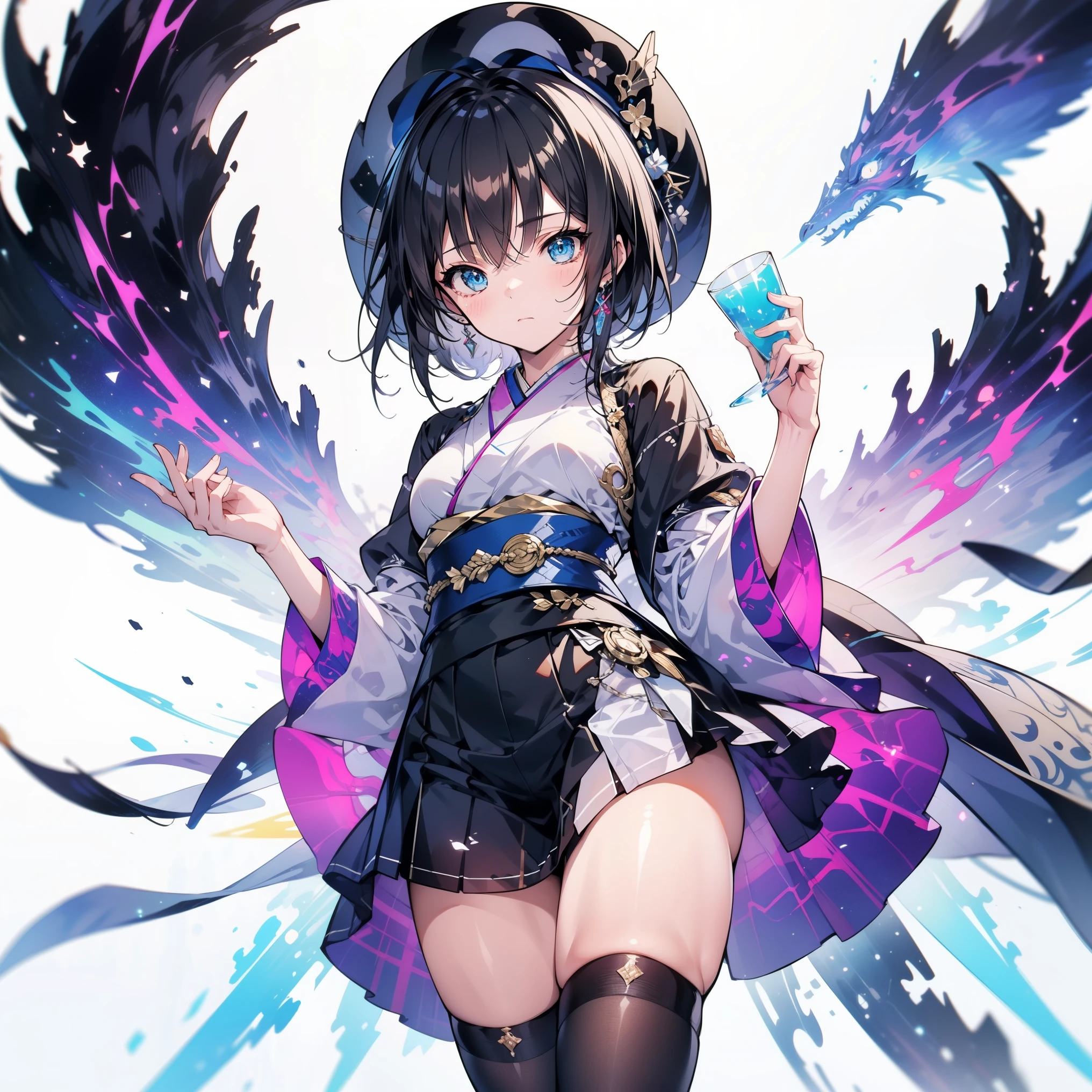 white background, blue skirt，solo woman, alone, (kneel down), (kneel down on white glass surface), (dk, small), (white background), (witch hat), curly, looking at the viewer, with panoramic view, Vision, It begins with the night of the ark., Popular topics on Art Station pixiv, Arknight, pixiv digital art,Onmyoji detailed art, Japanese anime fantasy illustration, author：hero, anime art wallpaper 8k, Sky Witch, pixiv style, anime art wallpaper 4k, anime art wallpaper 4k, (pretty background), Ink painting style，pretty colors，Decisive cut，広いblank領域, blank, space，master piece， super sophisticated，epic work，expensive、expensive品質，best quality，4K