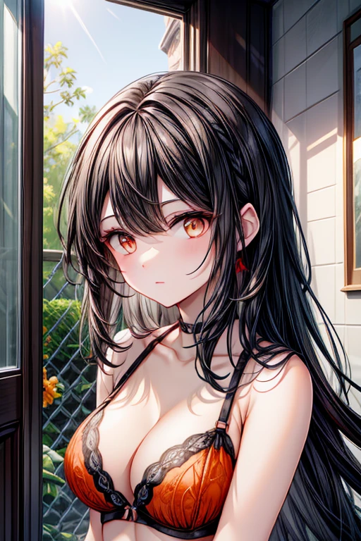 A black haired woman with orange eyes is posing in a lacy bra set