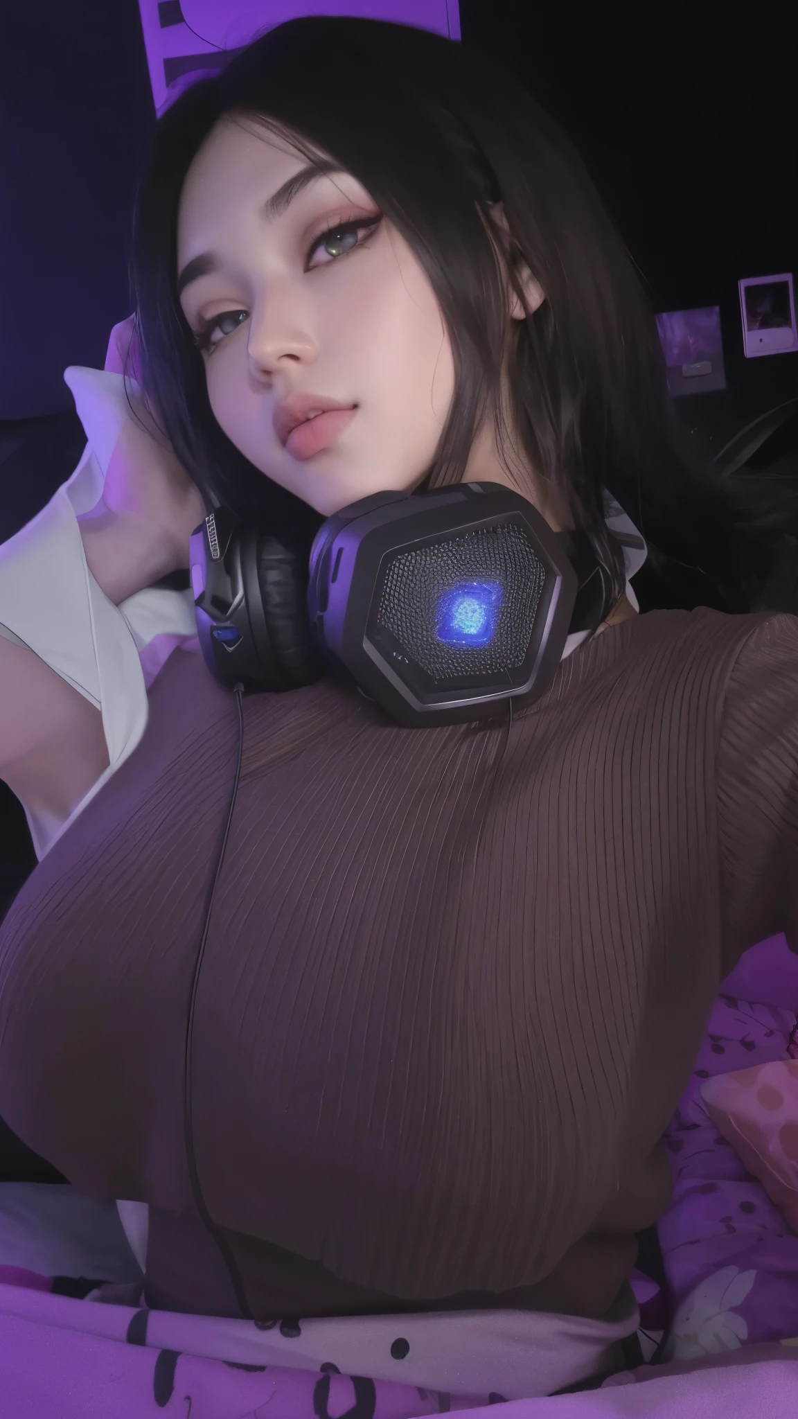 mulher arafed com fones de ouvido em deitar em uma cama, amoranto, grosso, twitch streamer, better known as amoranto, player aesthetic, foto do perfil 1024px, trends on cgstation, kda, thick neck, young beautiful amoranto, usando fone de ouvido para jogos, anime vibes, twitch streamer / jogador ludwig