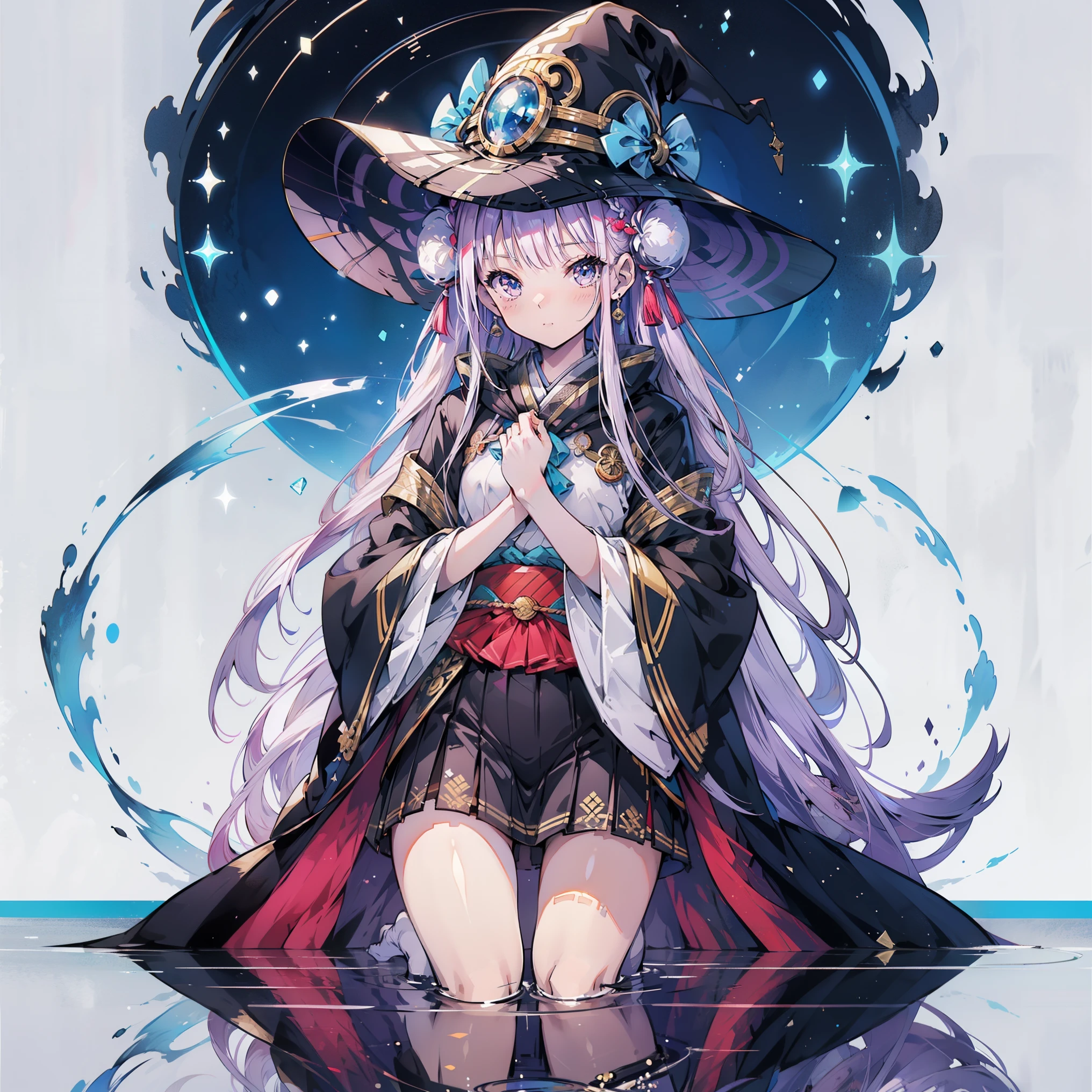 white background, blue skirt，solo woman, alone, (kneel down), (kneel down on white glass surface), (dk, small), (white background), (witch hat), curly, looking at the viewer, with panoramic view, Vision, It begins with the night of the ark., Popular topics on Art Station pixiv, Arknight, pixiv digital art,Onmyoji detailed art, Japanese anime fantasy illustration, author：hero, anime art wallpaper 8k, Sky Witch, pixiv style, anime art wallpaper 4k, anime art wallpaper 4k, (pretty background), Ink painting style，pretty colors，Decisive cut，広いblank領域, blank, space，master piece， super sophisticated，epic work，expensive、expensive品質，best quality，4K