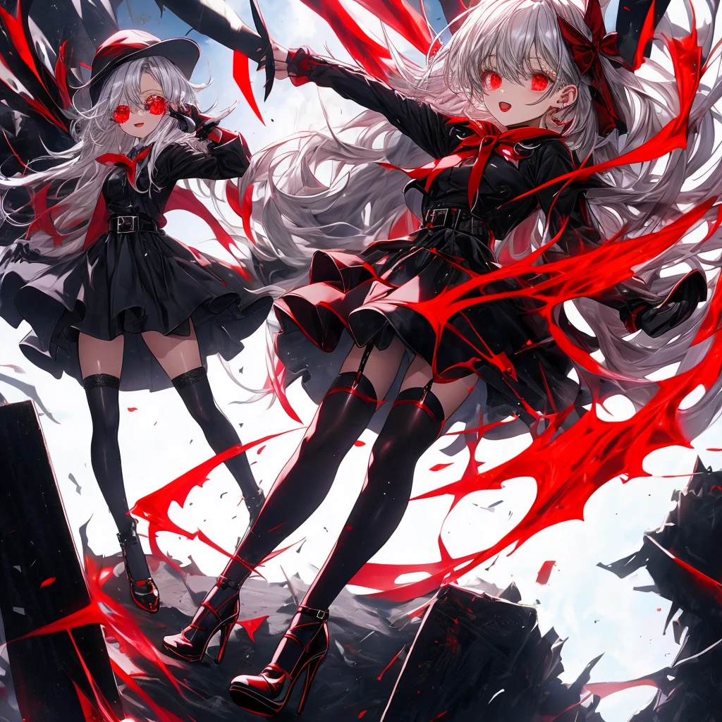 red eyes, sliver hair, black stocking, long gloves, short pants, dress, high heels,