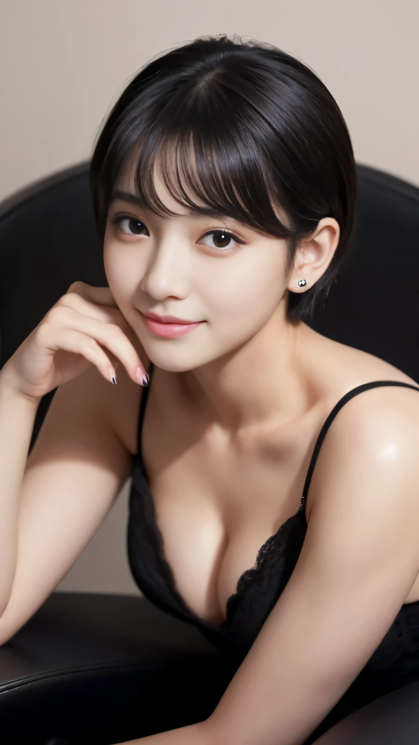 Best-quality, Masterpiece, Ultra-High-Resolution, (Photorealistic:1.4), Raw-Photo, 1girl, solo, 15-years-old, the most famous Japanese idol, portrait, face-focus, sitting on luxury-chair, innocent smile, completely-drunk, extremely cute face like the most popular Japanese idol, (((extremely beautiful big-black-solid-circle-eyes))), extremely beautiful black-short-cut-haired, extremely beautiful long-eyelashes, extremely beautiful lips, extremely beautiful skins, extremely beautiful cleavage, extremely beautiful body, extremely beautiful hands