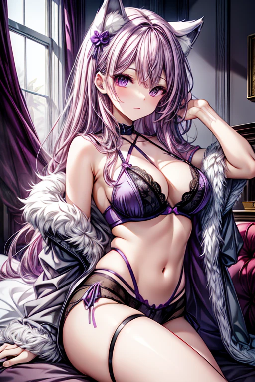 A purple haired woman with purple eyes with purple wolf ears and a purple fluffy wolf tail is posing in a lacy bra set with a pink haired woman with violet eyes in lacy lingerie
