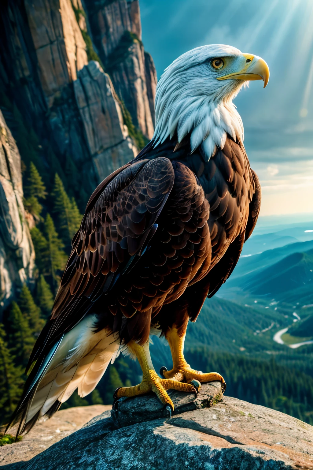 (RAW style, masterpiece, best quality, ultra-detailed), an eagle perched on a rock, intensely watching its prey, 4k resolution, crisp and clear image, cinematic light, top lighting, ultra high definition, textured feathers, intricately detailed beak and talons, hyperrealistic, insanely detailed, lifelike rendering, naturalistic colors, rich and vibrant hues, soaring realism, profoundly realistic, atmospheric depth, high contrast, sharp focus, cinematic perspective, captivating detail, majestic presence, the epitome of photographic artistry.