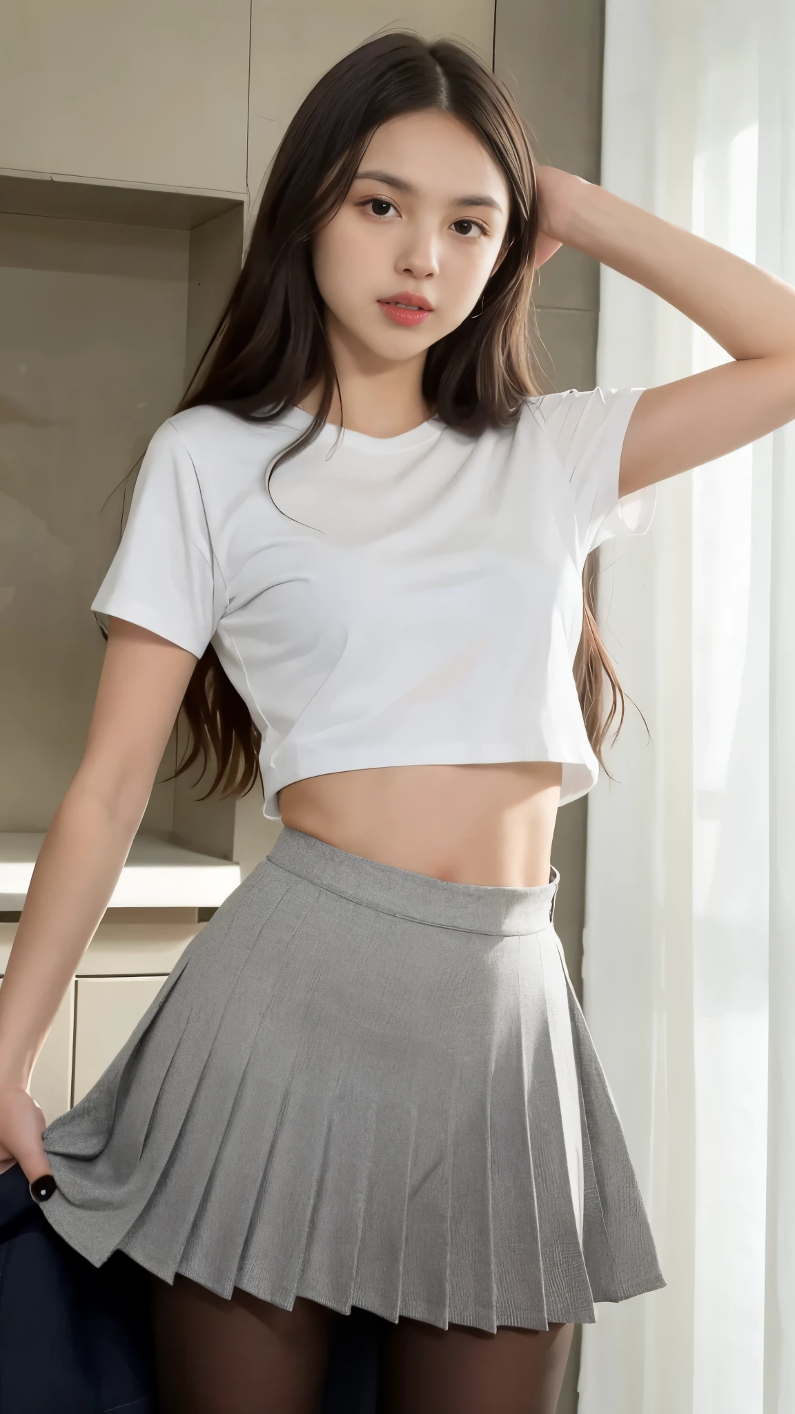 Olivia Rodrigo, 13 years old, long hair: 1.3, lifting t-shirt to show me her breasts, pleated skirt, pantyhose, small breasts, light skin, photorealistic