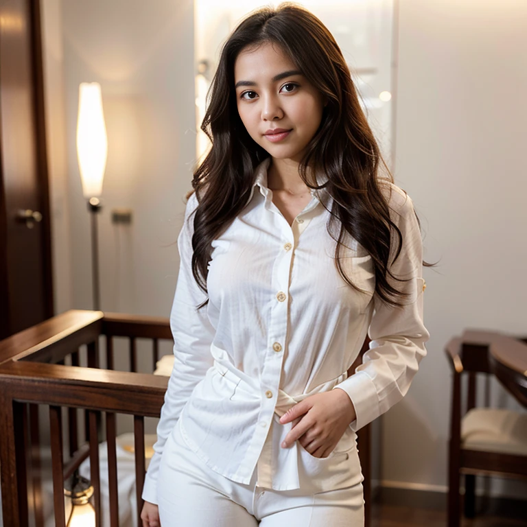 Classy chinese-arab babe, realistic, ((wearing white soft long button shirt)), 21yo, fluffy wavy hair, bokeh bakcground, realistic light, perfect smile, great body, slim figure, professional, portrait, model pose, waist shot, 85mm lens, large breast, tight pants, solo, professional lightings, highlight on hair