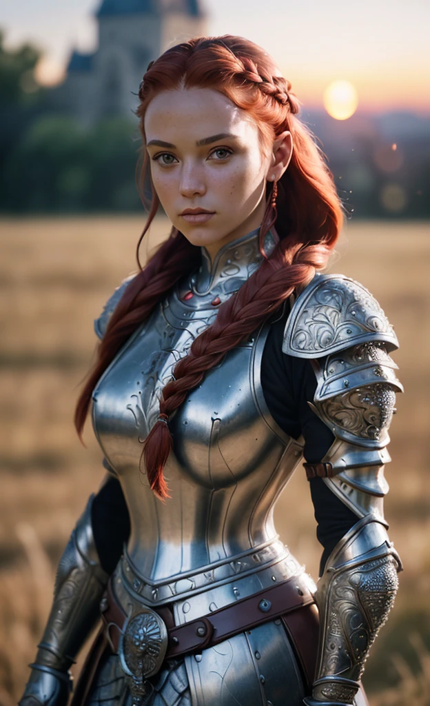 (masterpiece), (extremely intricate:1.3), (realistic), portrait of a girl, the most beautiful in the world, (medieval armor), braided red hair, metal reflections, upper body, outdoors, intense sunlight, far away castle, professional photograph of a stunning woman detailed, sharp focus, dramatic, award winning, cinematic lighting, octane render  unreal engine,  volumetrics dtx, (film grain, blurry background, blurry foreground, bokeh, depth of field, sunset, motion blur:1.3), chainmail