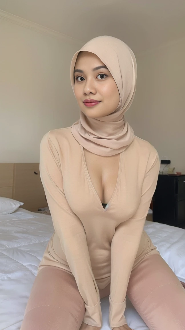 RAW, Best quality, high resolution, masterpiece: 1.3), beautiful indonesian hijab woman, Masterpiece, perfect slim fit body, (humongous breasts), big gorgeous eyes, Soft smile, wear a tight work shirt & tight leggings, necklace, laying on the bed, spreading her legs, hotel bed room, Excellent lighting, Bright colors, Clean lines