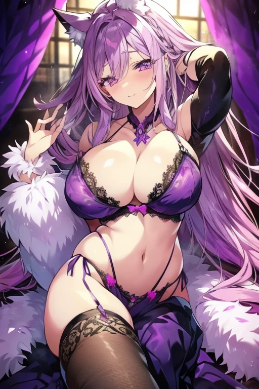 A purple haired woman with purple eyes with purple wolf ears and a purple fluffy wolf tail is posing in a lacy bra set with a pink haired woman with violet eyes in lacy lingerie