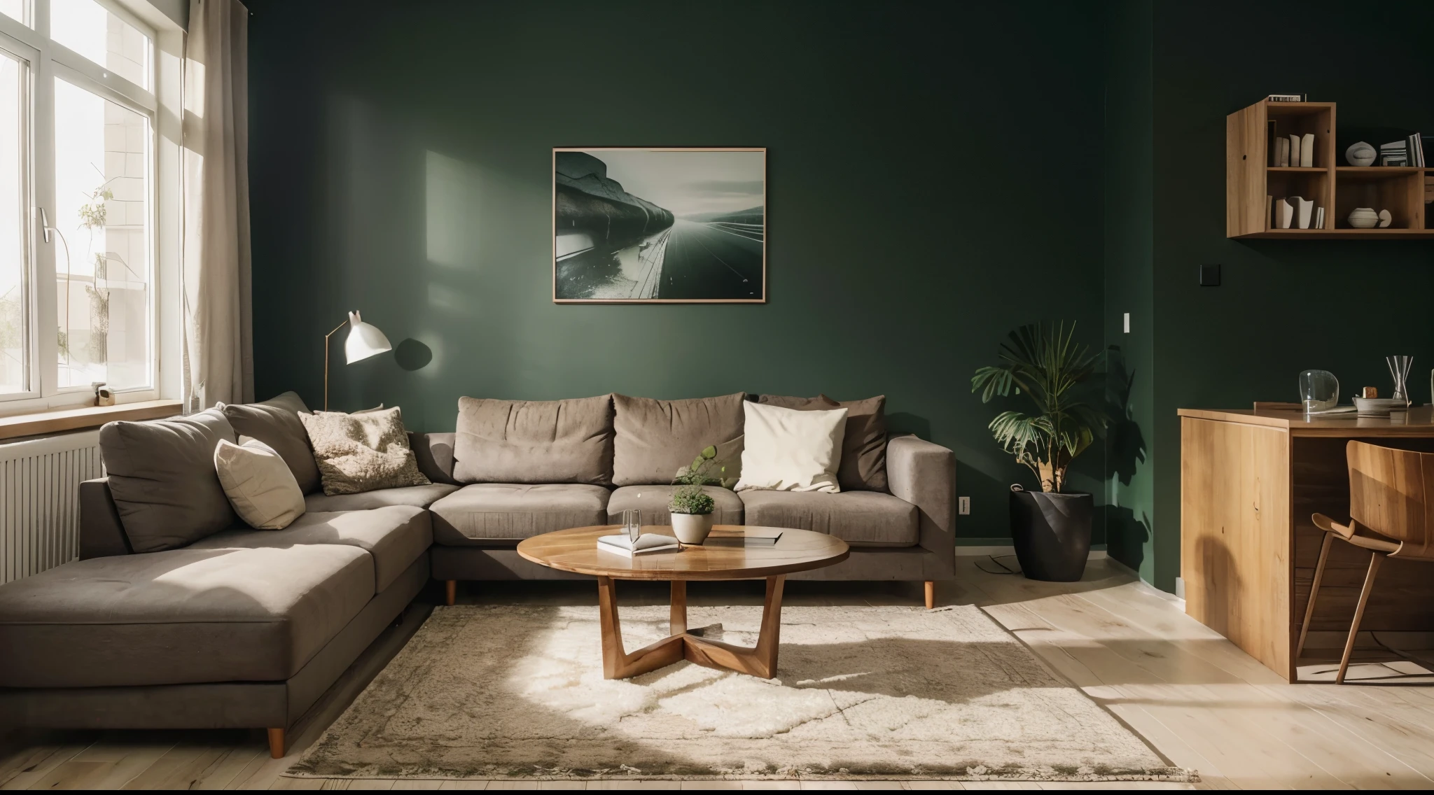 The prompt for the cozy modern living room with the color scheme of dark green, beige, and dark brown furniture and white walls can be:
"cozy modern living room, dark green, beige, and dark brown furniture, white walls, comfortable sofas, plush cushions, soft and warm lighting, wooden coffee table, large windows with natural light, elegant curtains, delicate indoor plants, decorative wall paintings, polished wooden flooring, cozy rug, minimalist and sleek design, contemporary decor, inviting atmosphere"