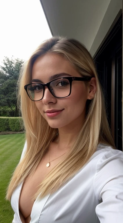 A 23-year-old blonde woman, ((pechos grandes)), ((hiperrealismo)) ,. blonde hair with light brown roots. cabello rubio, Hair with brown roots, cabello extra largo, cabello muy largo, really long hair, Beautiful, Front view, selfie, photo taken with iPhone, elegant black shirt with escote, escotada, selfie in the garden, high quality, selfie iPhone, cleavage, showing investment real estate calculation, business look, glasses