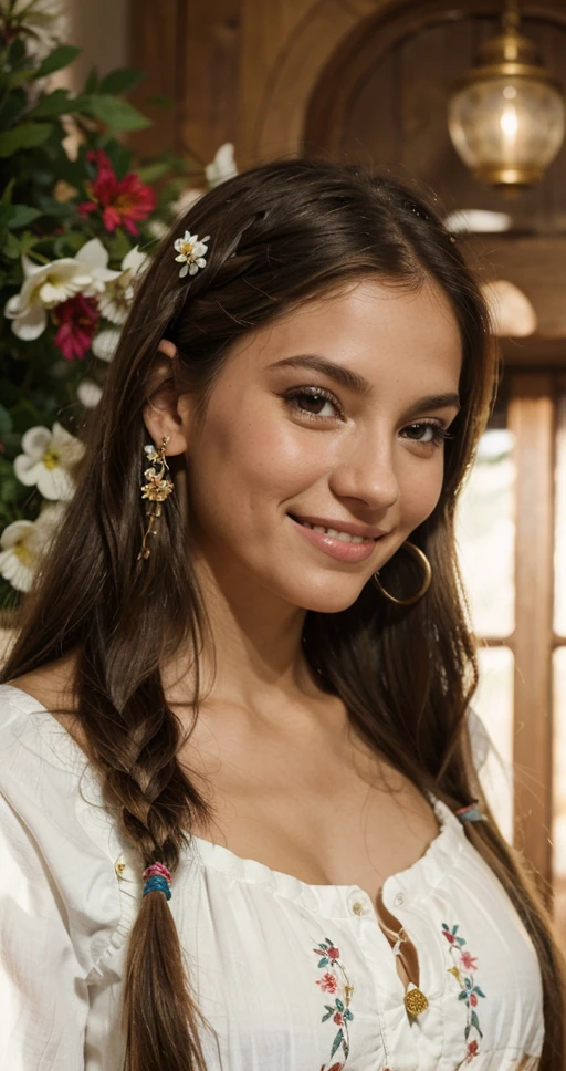 Pocahontas, rubia pelo largo, ojos claros, retrato, fondo de  flores, sonriente y feliz,  vestido alegre