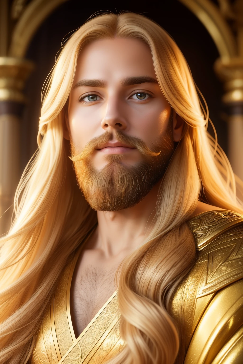 Photo of a goddess from Asgard, radiant, Beautiful woman, ((Long, shimmering golden locks and beard)), ((Portrait)), ((Detailed face:1.2)), ((detailed facial features)), (finely detailed skin), fair complexion, , dressed in celestial robes, Palace environment, Seated on the throne, (warm, ethereal color scheme), Glowing, refined, Reflectors, (masutepiece) (perfectly proportions)(photos realistic)(Best Quality) (Detailed) photographed in a Canon EOS R6, 35mm Lens, F/1.4, nffsw, (8K