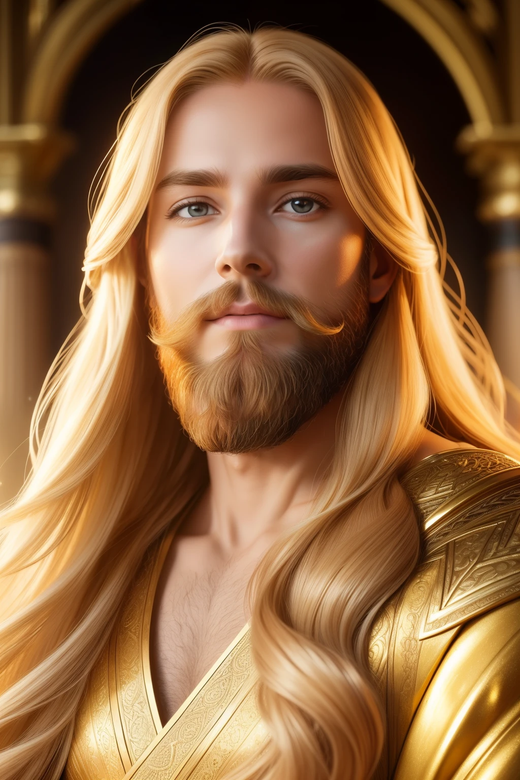 Photo of a goddess from Asgard, radiant, Beautiful woman, ((Long, shimmering golden locks and beard)), ((Portrait)), ((Detailed face:1.2)), ((detailed facial features)), (finely detailed skin), fair complexion, , dressed in celestial robes, Palace environment, Seated on the throne, (warm, ethereal color scheme), Glowing, refined, Reflectors, (masutepiece) (perfectly proportions)(photos realistic)(Best Quality) (Detailed) photographed in a Canon EOS R6, 35mm Lens, F/1.4, nffsw, (8K