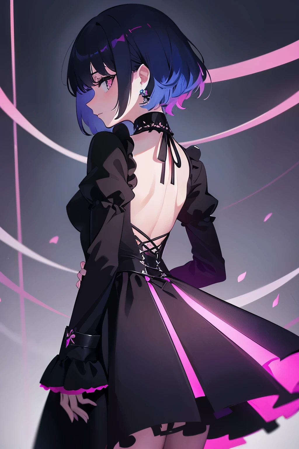 there is a woman standing wearing a pink dress, wearing a gothic dress, black and pink dress, 20s goth girl, witch clothes, goth outfit, in a dress, goth girl, mall goth, wearing pink floral chiton, wearing a pink dress, wearing modern gothic clothes, pink and black, outfit photo, short hair, black hair with blue tips, hair with blue tips, nose piercing, (( NO BACKGROUND )), (( back lights ))