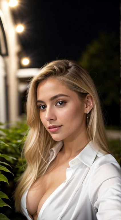 A 23-year-old blonde woman, ((pechos grandes)), ((hiperrealismo)) ,. blonde hair with light brown roots. cabello rubio, Hair with brown roots, cabello extra largo, cabello muy largo, really long hair, Beautiful, Front view, selfie, photo taken with iPhone, elegant black shirt with escote, escotada, selfie in the garden, high quality, selfie iPhone, cleavage, showing investment real estate calculation, business look, in night club