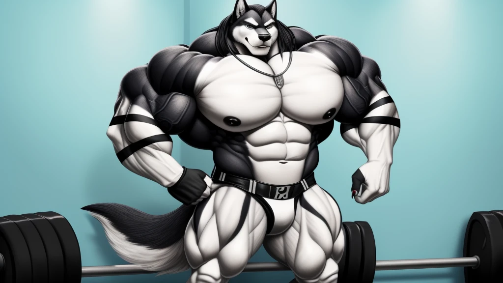 (upload on e621), (((added three black straps on biceps, forearms and hips straps))), (Masterpiece), (best quality), (ultra high res), 4K, (8k HD), 2D, (perfect anatomy), (digital art), (official art), (extreme detailed), (ultra detailed), (strapsanime), color, (soft shading), (sharp focus), (((inside gym fitness background))), 1man, black body fur, (((black muscular arms))), white pecs and belly, detailed fluffy fur, (ultra detailed face), detailed eyes, detailed iris eyes, detailed blue eyes, white sclera, black pupils, navel, square chin, (((abs))), (((pectoral))), (((flexes muscles pose))), (((black claw nails))), furry husky male, mature male, (((giant size))), (((macro size))), (((full body))), (((black giant bulky muscular body fur))), canid, (((huge black nipples))), (huge muscles), (((hyper muscles))), (((huge pecs))), (((oversize pecs))), (((giant biceps))), canine, canis, mammal, black husky, (((powerful husky))), husky male, fierce face, serious expression, husky anthro, solo, standing, (((black long hair))), (((added straps on biceps and forearms))), (((perfect fingers))), (((five fingers))), (((white hands and fingers))), (((wearing fingerless black leather gloves))), (((black leather fingerless gloves))), (((three black straps on biceps, forearms and hip straps))), (((a pendant with three shark fangs))), (((black and white underside long husky tail))), (((gray long pants with straps on both legs)))
