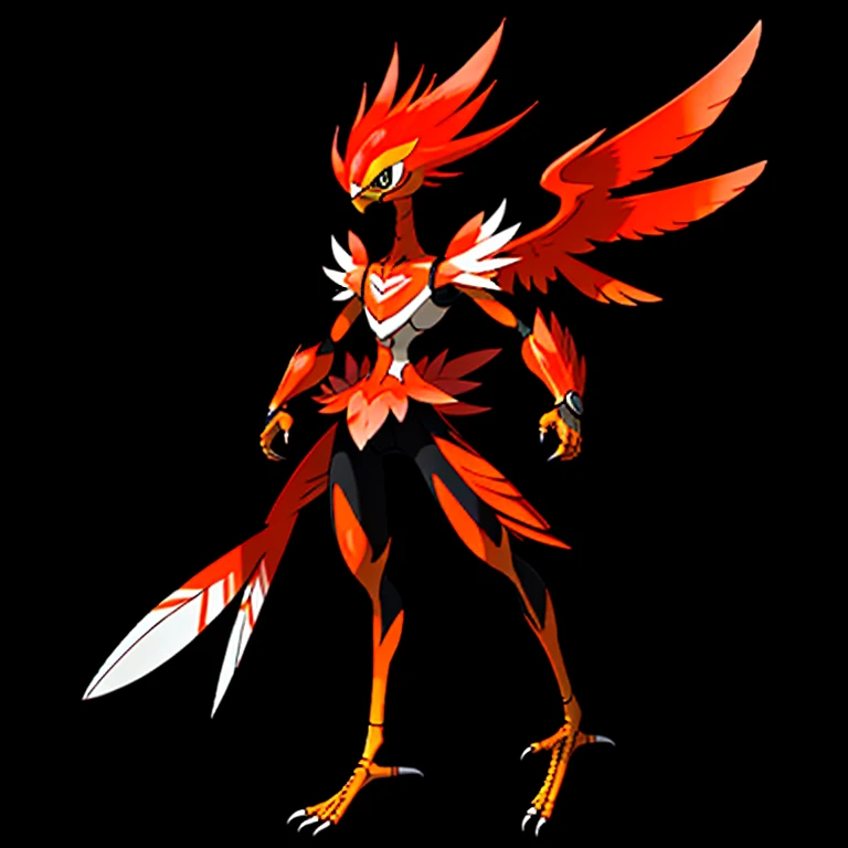 solo、Pokémon(biology)、Pokémonのキャラクター、anime、game、Suzaku、bird、whole body、Mouth、contour、Closed、whole body、whole body羽毛、wing、炎のwing、feather、朱色とオレンジのcontour、body feathers、Vermilion and orange feathers、birdの脚、sharp nails、Wearing flames
