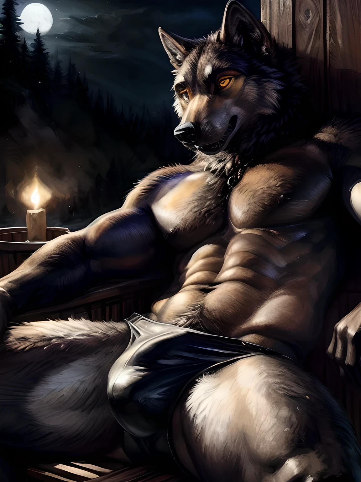 solo, male, (slim), (male anthro wolf):1.3, grey body, white belly, (laying on back):1.3, ((night))
(inside a black cooking pot) (black thong, red pattern:1.2), bulge, knot, 
detailed eyes, wolf tail, bulge,  ((body portrait)), 
, (detailed eyes, golden eyes, glowing eyes):1.1,
(outdoors:1.35),  one big cooking pot, forest, candle light, night, (particles ,firefly, blue glowing):1.3, 
detailed background, photorealistic, realistic hands, 8k HD,
(dark shadows, wide dynamic range, hdr, low light:1.2),
by (by Pino Daeni, (by ruaidri), (by virtyalfobo), (by Kenket). bulge